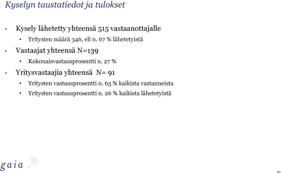 67 % lähetetyistä Vastaajat yhteensä N=139 Kokonaisvastausprosentti n.