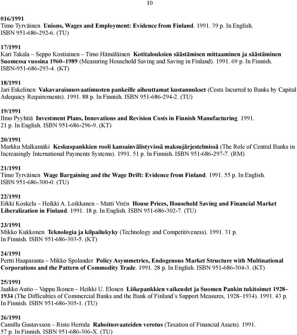 69 p. In Finnish. ISBN-951-686-293-4. (KT) 10 18/1991 Jari Eskelinen Vakavaraisuusvaatimusten pankeille aiheuttamat kustannukset (Costs Incurred to Banks by Capital Adequacy Requirements). 1991. 88 p.