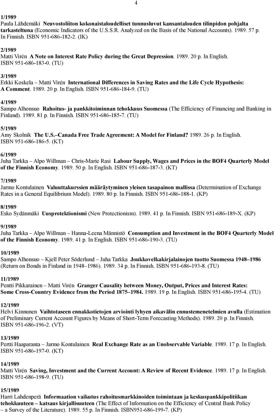 ISBN 951-686-183-0. (TU) 3/1989 Erkki Koskela Matti Virén International Differences in Saving Rates and the Life Cycle Hypothesis: A Comment. 1989. 20 p. In English. ISBN 951-686-184-9.