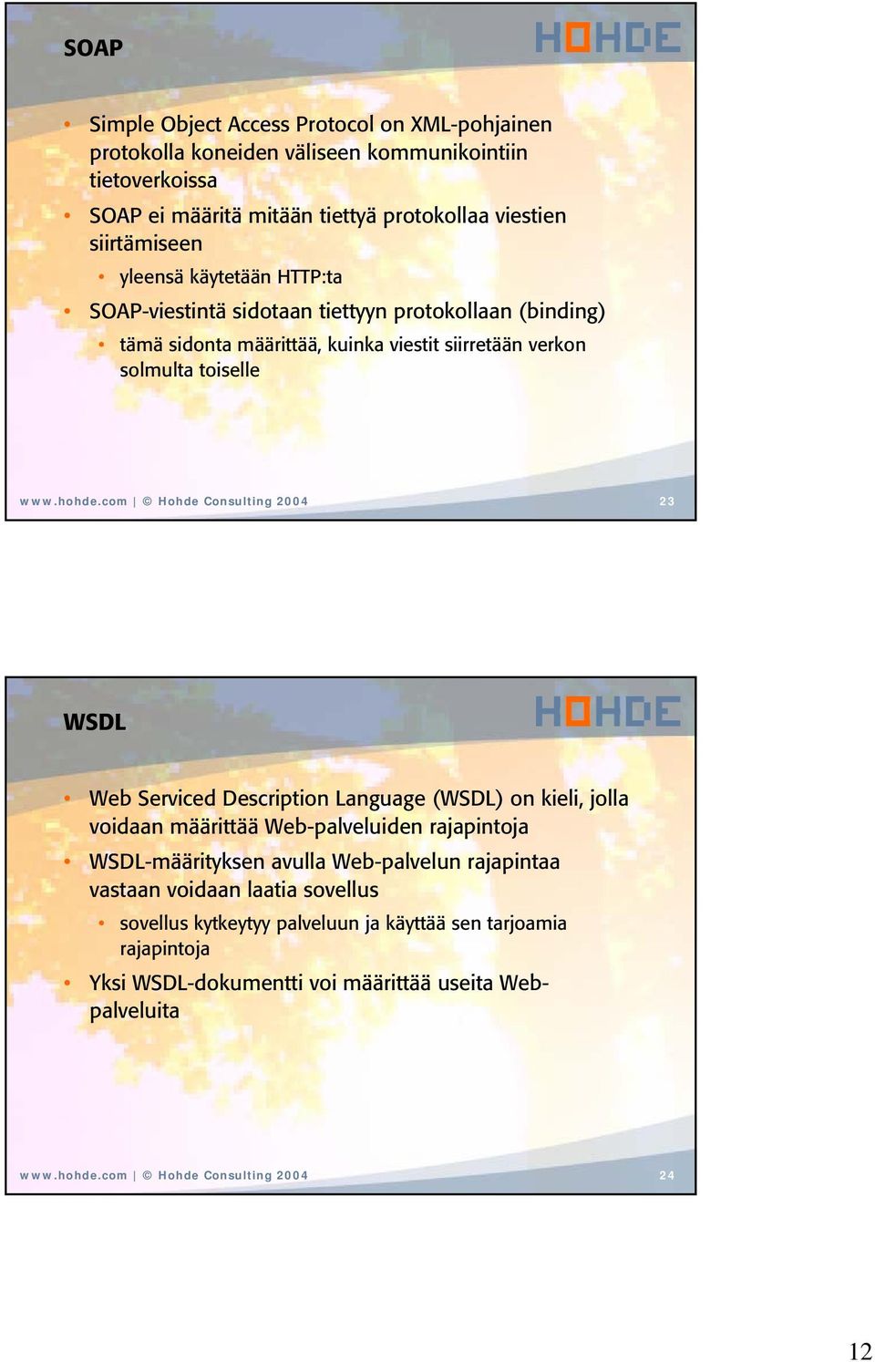 com Hohde Consulting 2004 23 WSDL Web Serviced Description Language (WSDL) on kieli, jolla voidaan määrittää Web-palveluiden rajapintoja WSDL-määrityksen avulla Web-palvelun