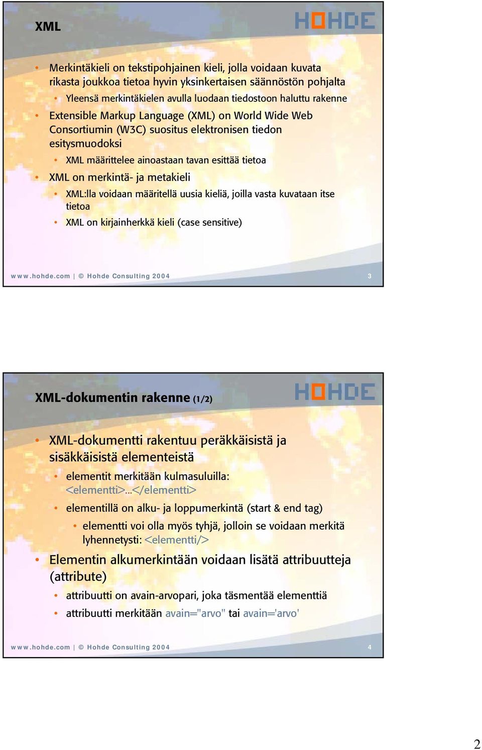 voidaan määritellä uusia kieliä, joilla vasta kuvataan itse tietoa XML on kirjainherkkä kieli (case sensitive) www.hohde.