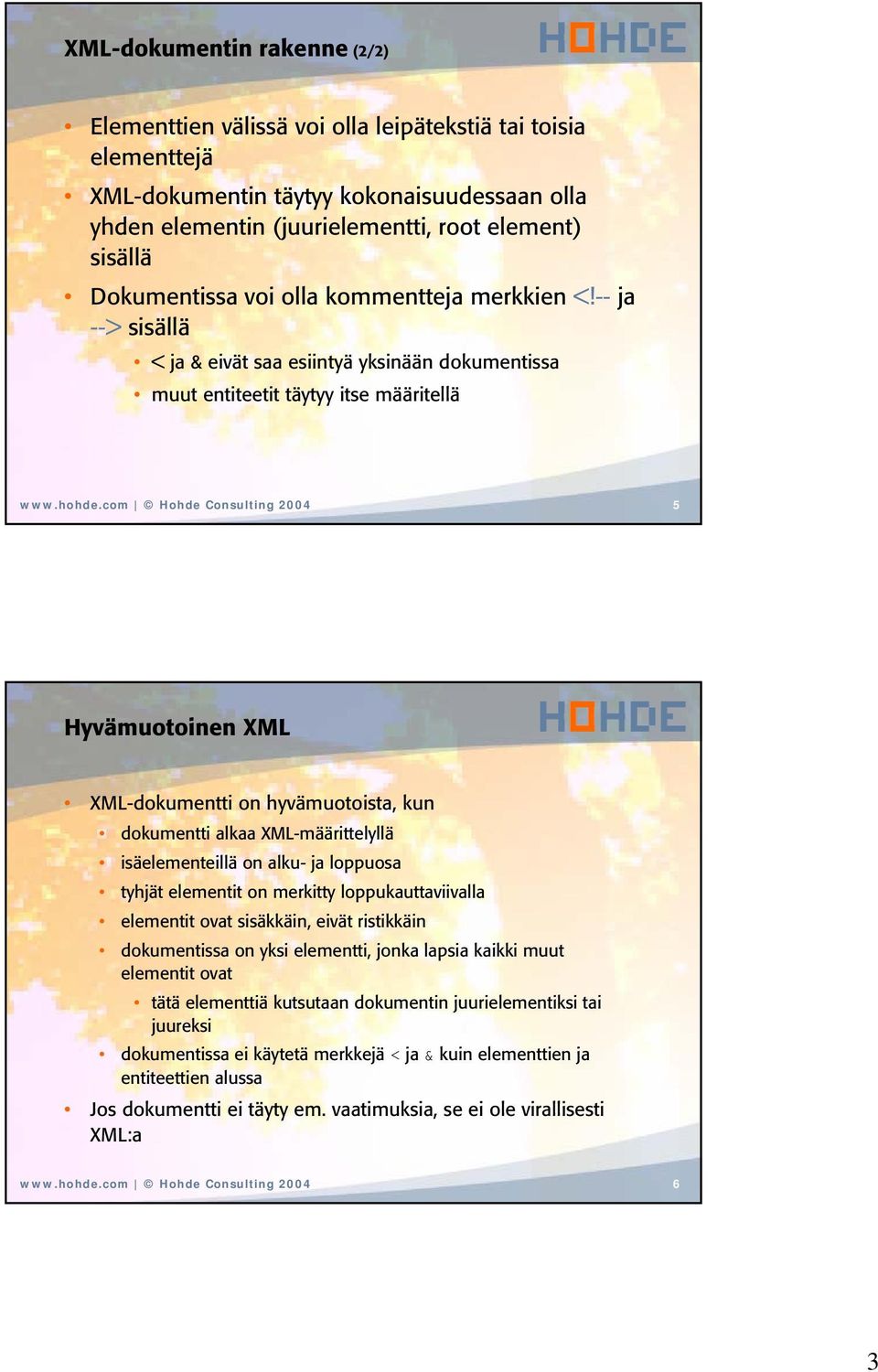com Hohde Consulting 2004 5 Hyvämuotoinen XML XML-dokumentti on hyvämuotoista, kun dokumentti alkaa XML-määrittelyllä isäelementeillä on alku- ja loppuosa tyhjät elementit on merkitty
