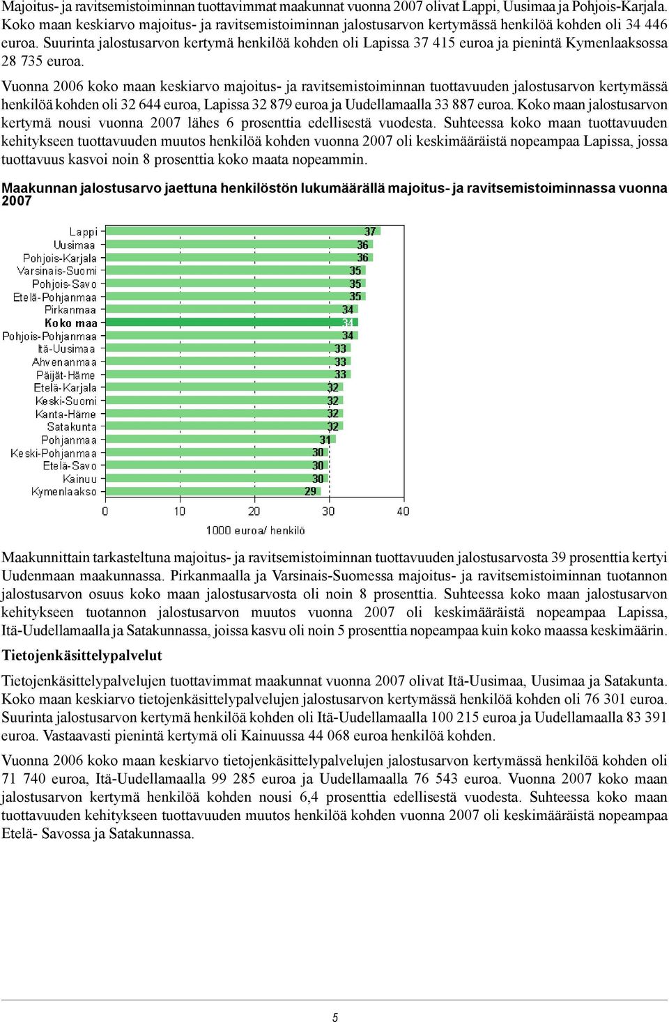 Suurinta jalostusarvon kertymä henkilöä kohden oli Lapissa 37 415 euroa ja pienintä Kymenlaaksossa 28 735 euroa.