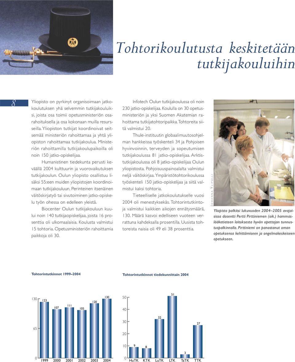 Ministeriön rahoittamilla tutkijakoulupaikoilla oli noin 150 jatko-opiskelijaa. Humanistinen tiedekunta perusti keväällä 2004 kulttuurin ja vuorovaikutuksen tutkijakoulun.