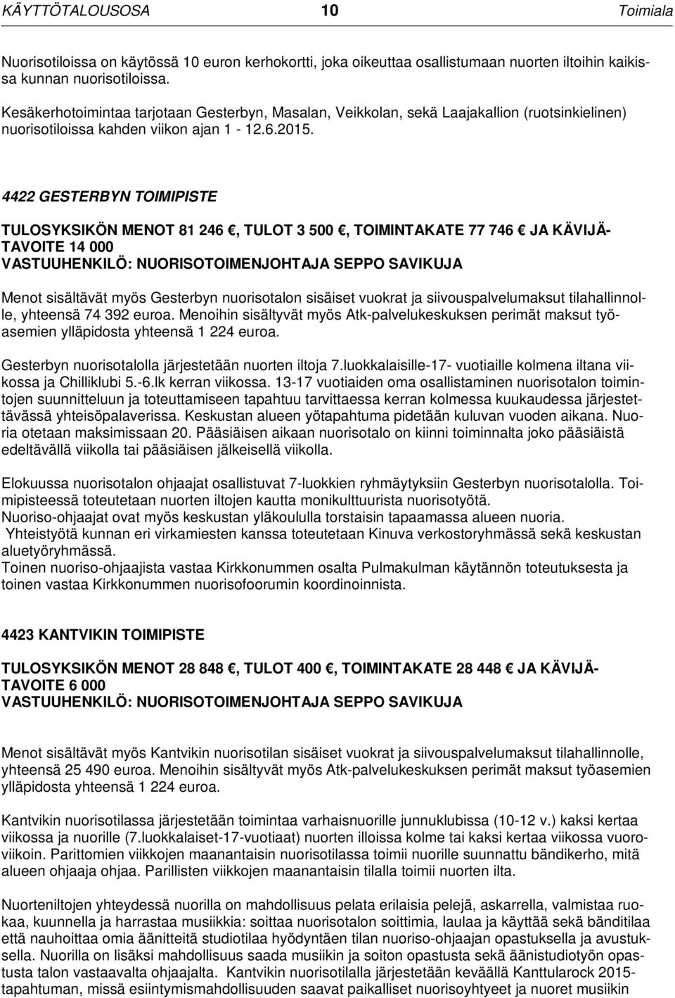 4422 GESTERBYN TOIMIPISTE TULOSYKSIKÖN MENOT 81 246, TULOT 3 500, TOIMINTAKATE 77 746 JA KÄVIJÄ- TAVOITE 14 000 VASTUUHENKILÖ: NUORISOTOIMENJOHTAJA SEPPO SAVIKUJA Menot sisältävät myös Gesterbyn