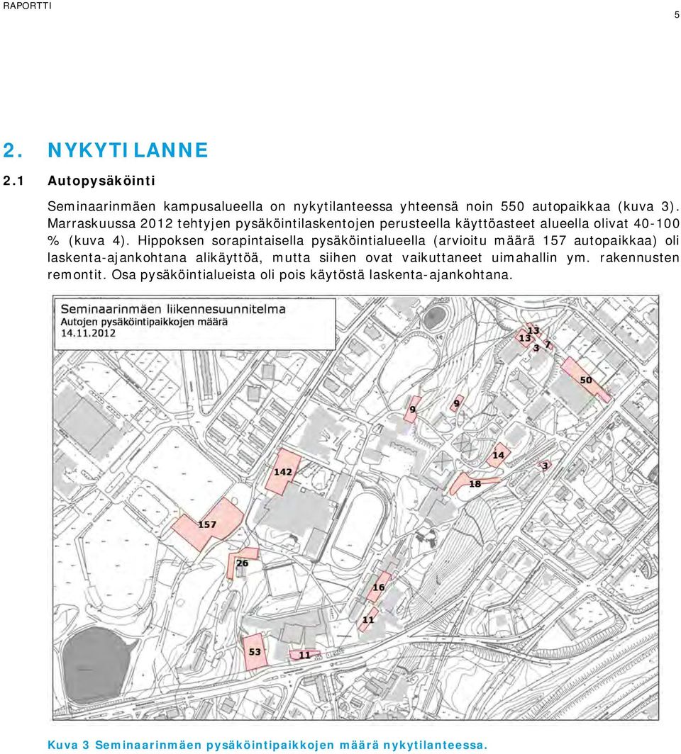 Hippoksen sorapintaisella pysäköintialueella (arvioitu määrä 157 autopaikkaa) oli laskenta-ajankohtana alikäyttöä, mutta siihen ovat