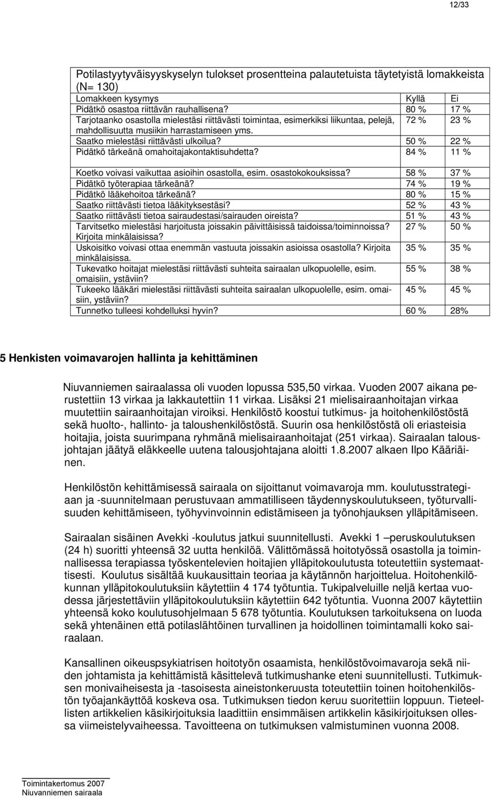 50 % 22 % Pidätkö tärkeänä omahoitajakontaktisuhdetta? 84 % 11 % Koetko voivasi vaikuttaa asioihin osastolla, esim. osastokokouksissa? 58 % 37 % Pidätkö työterapiaa tärkeänä?