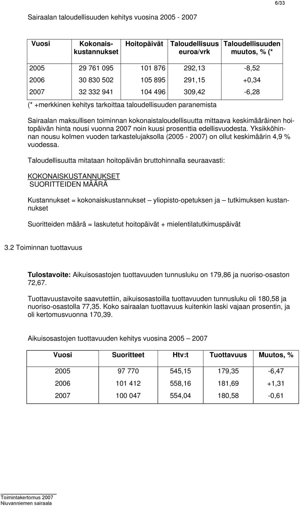 keskimääräinen hoitopäivän hinta nousi vuonna 2007 noin kuusi prosenttia edellisvuodesta. Yksikköhinnan nousu kolmen vuoden tarkastelujaksolla (2005-2007) on ollut keskimäärin 4,9 % vuodessa.