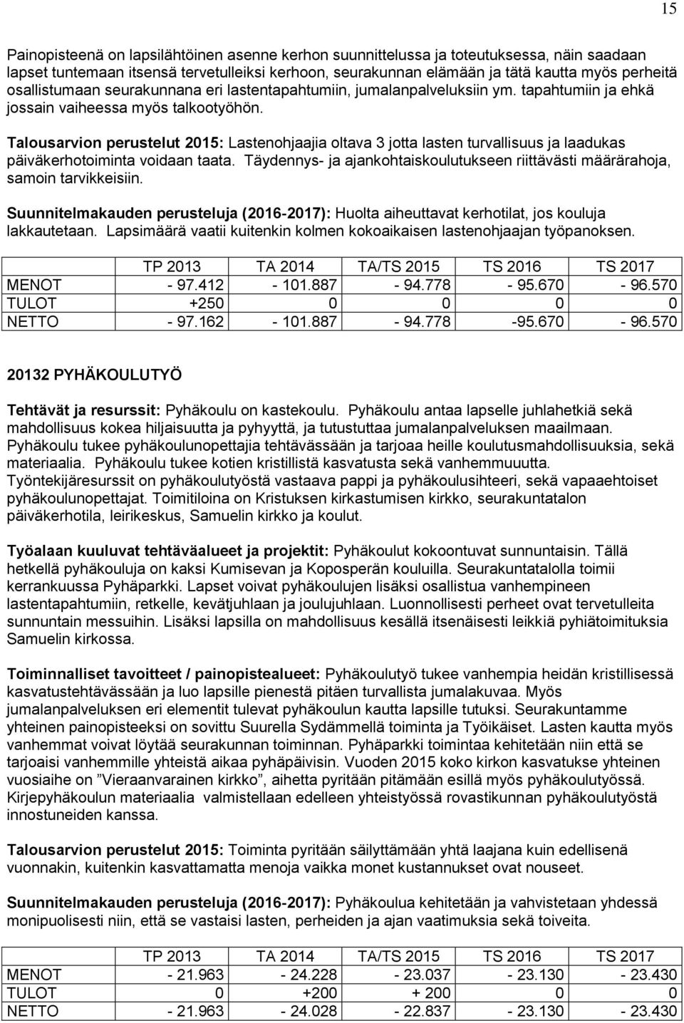 Talousarvion perustelut 2015: Lastenohjaajia oltava 3 jotta lasten turvallisuus ja laadukas päiväkerhotoiminta voidaan taata.