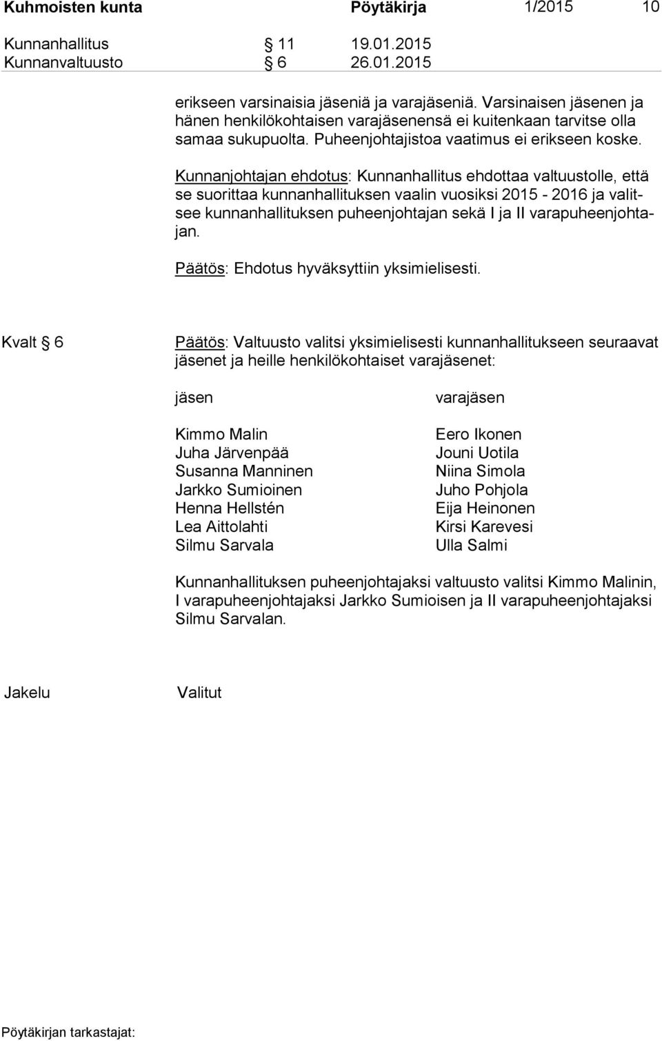 Kunnanjohtajan ehdotus: Kunnanhallitus ehdottaa valtuustolle, että se suorittaa kunnanhallituksen vaalin vuosiksi 2015-2016 ja va litsee kunnanhallituksen puheenjohtajan sekä I ja II va ra pu heen