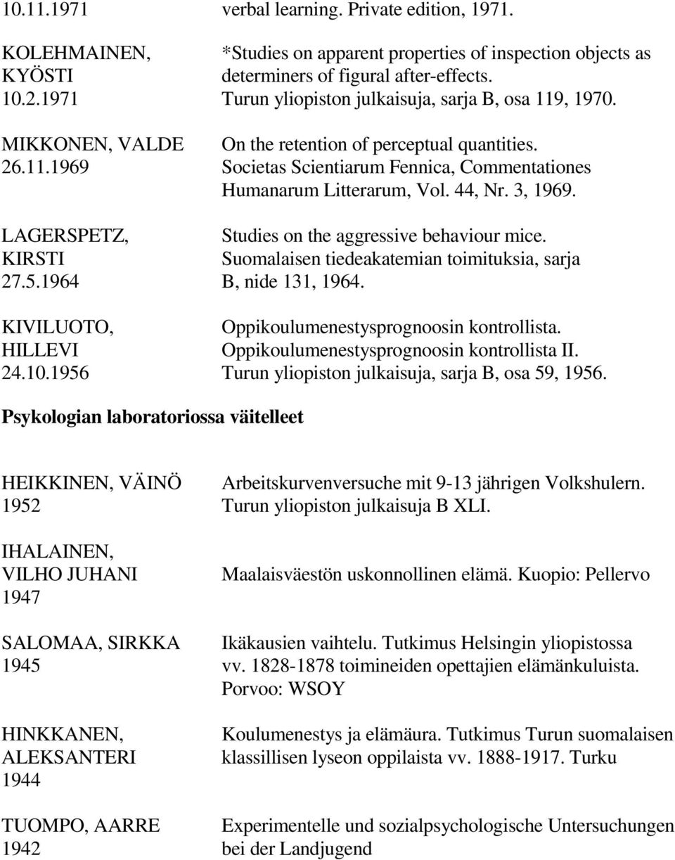 44, Nr. 3, 1969. LAGERSPETZ, Studies on the aggressive behaviour mice. KIRSTI Suomalaisen tiedeakatemian toimituksia, sarja 27.5.1964 B, nide 131, 1964.