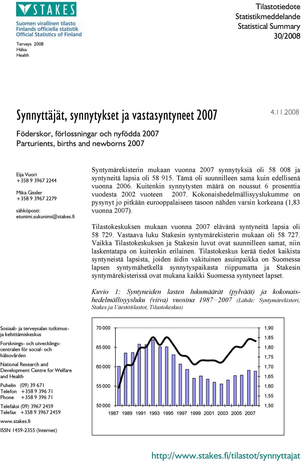 fi Syntymärekisterin mukaan vuonna 2007 synnytyksiä oli 58 008 ja syntyneitä lapsia oli 58 915. Tämä oli suunnilleen sama kuin edellisenä vuonna 2006.