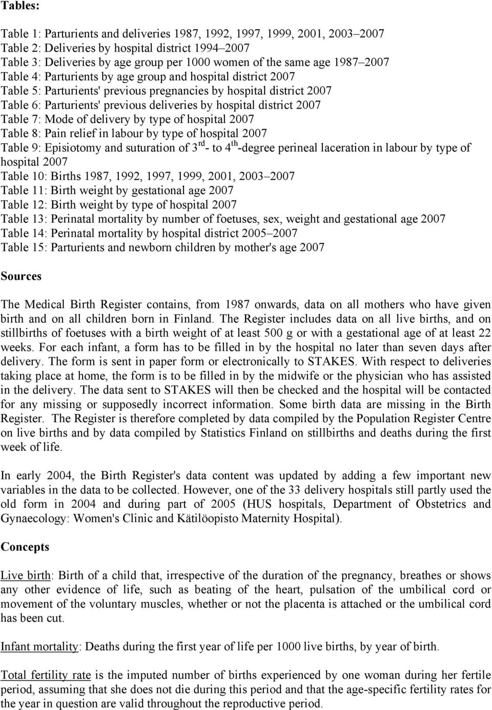 district 2007 Table 7: Mode of delivery by type of hospital 2007 Table 8: Pain relief in labour by type of hospital 2007 Table 9: Episiotomy and suturation of 3 rd - to 4 th -degree perineal