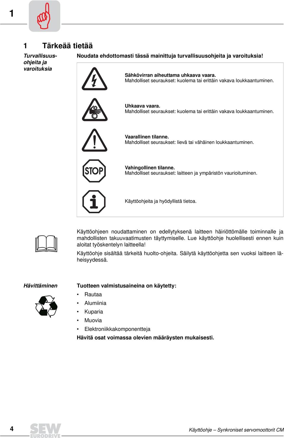 Mahdolliset seuraukset: lievä tai vähäinen loukkaantuminen. Vahingollinen tilanne. Mahdolliset seuraukset: laitteen ja ympäristön vaurioituminen. Käyttöohjeita ja hyödyllistä tietoa.