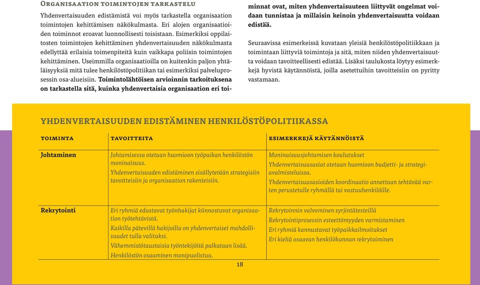 Esimerkiksi oppilaitosten toimintojen kehittäminen yhdenvertaisuuden näkökulmasta edellyttää erilaisia toimenpiteitä kuin vaikkapa poliisin toimintojen kehittäminen.