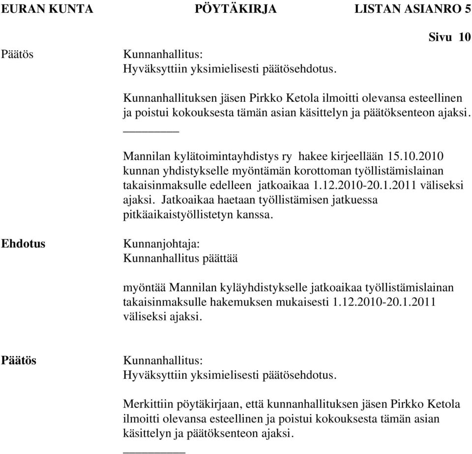 Mannilan kylätoimintayhdistys ry hakee kirjeellään 15.10.2010 kunnan yhdistykselle myöntämän korottoman työllistämislainan takaisinmaksulle edelleen jatkoaikaa 1.12.2010-20.1.2011 väliseksi ajaksi.