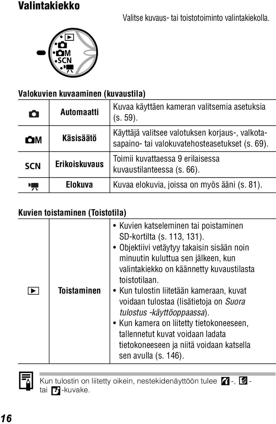 Elokuva Kuvaa elokuvia, joissa on myös ääni (s. 81). Kuvien toistaminen (Toistotila) Kuvien katseleminen tai poistaminen SD-kortilta (s. 113, 131).