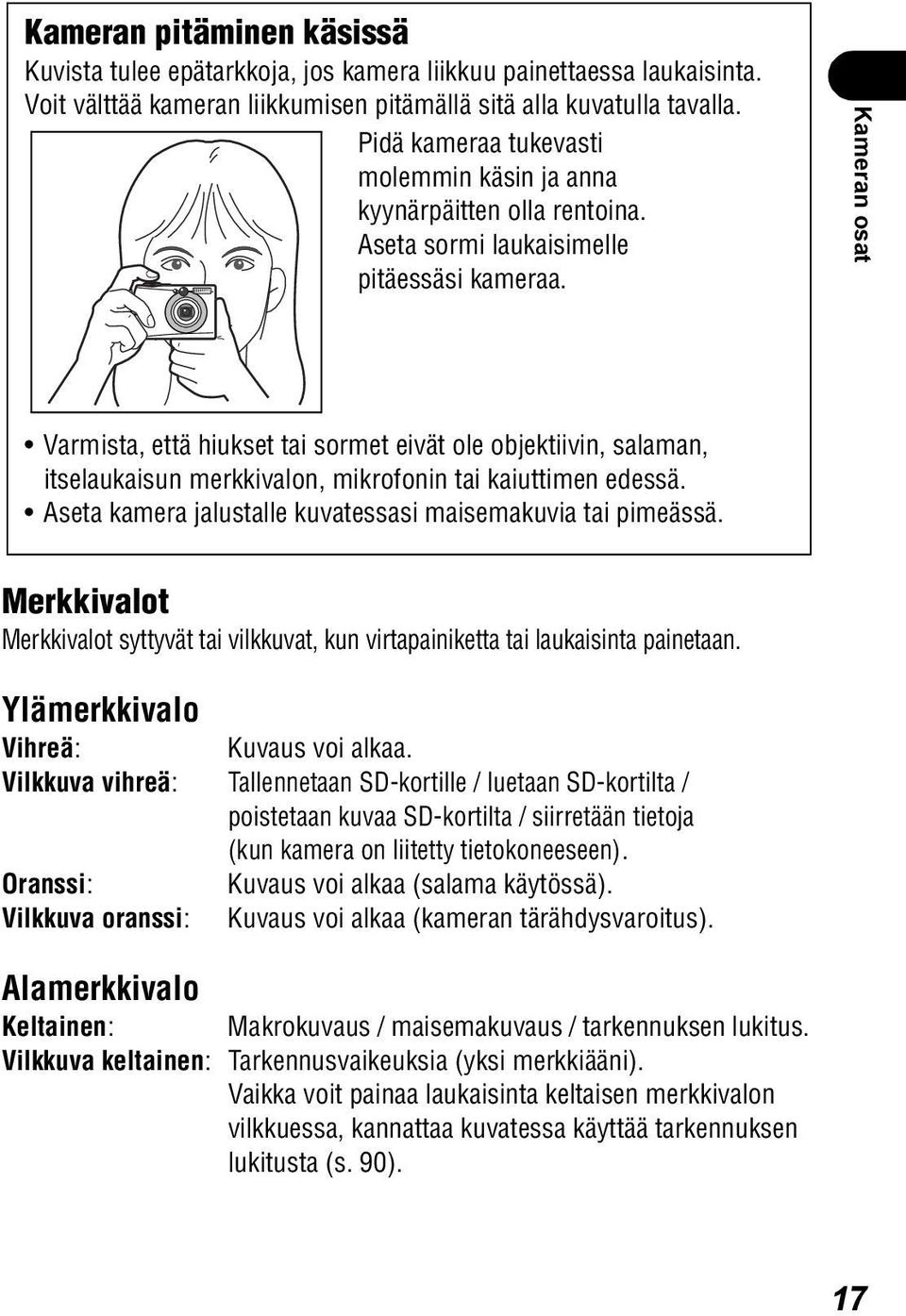 Kameran osat Varmista, että hiukset tai sormet eivät ole objektiivin, salaman, itselaukaisun merkkivalon, mikrofonin tai kaiuttimen edessä.