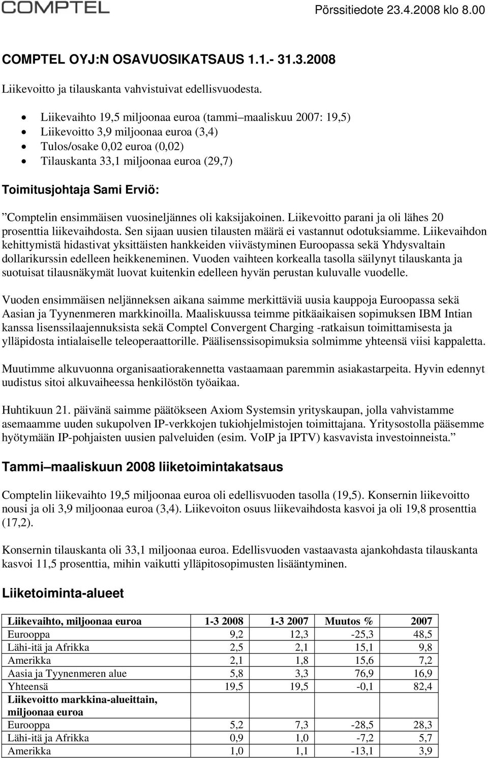 Comptelin ensimmäisen vuosineljännes oli kaksijakoinen. Liikevoitto parani ja oli lähes 20 prosenttia liikevaihdosta. Sen sijaan uusien tilausten määrä ei vastannut odotuksiamme.