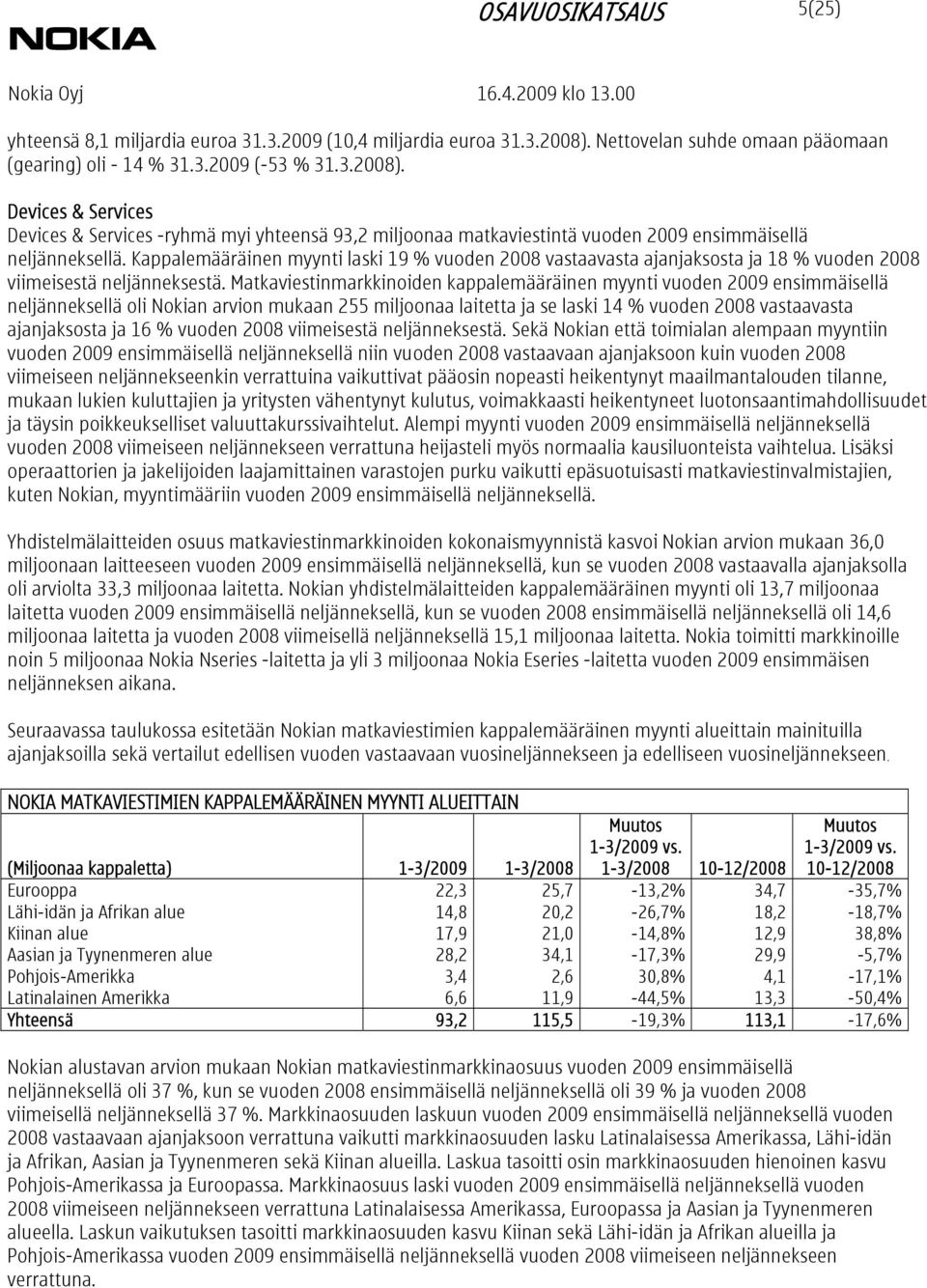 Devices & Services Devices & Services -ryhmä myi yhteensä 93,2 miljoonaa matkaviestintä vuoden 2009 ensimmäisellä neljänneksellä.