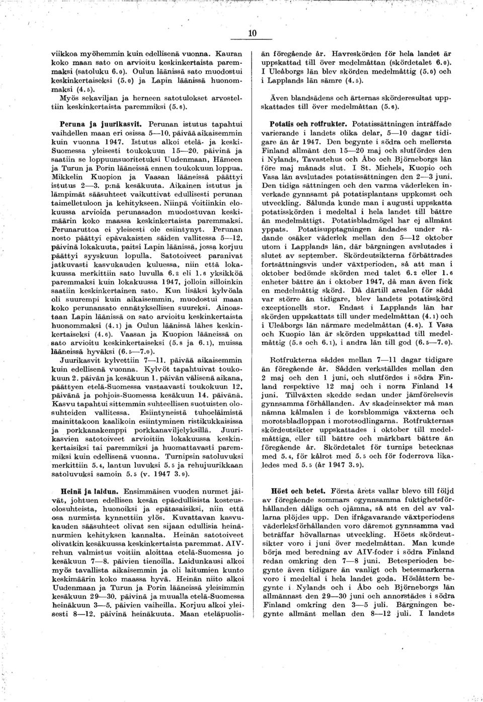 P eru n an istu tu s ta p a h tu i vaihdellen m aan eri osissa 5 10. p äivää aikaisem m in k u in vuonna 1947. Istu tu s alkoi etelä- ja keski- Suom essa yleisesti to u k o k u u n 15 20.