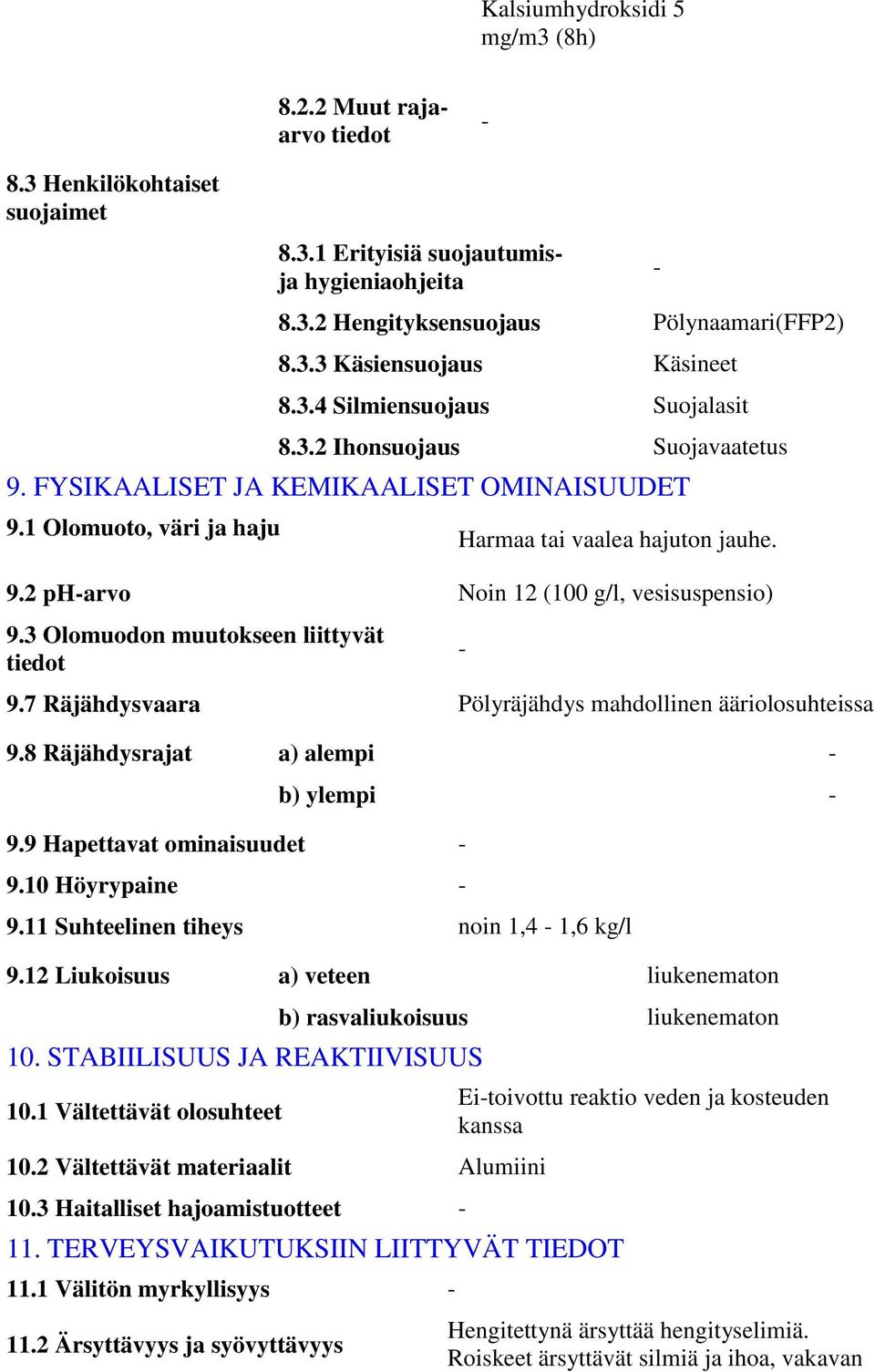 3 Olomuodon muutokseen liittyvät tiedot 9.7 Räjähdysvaara Pölyräjähdys mahdollinen ääriolosuhteissa 9.8 Räjähdysrajat a) alempi 9.9 Hapettavat ominaisuudet 9.10 Höyrypaine b) ylempi 9.