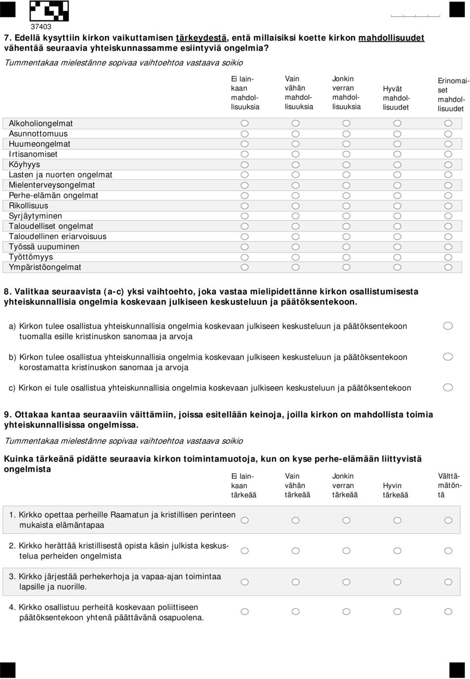 Mielenterveysongelmat Perhe-elämän ongelmat Rikollisuus Syrjäytyminen Taloudelliset ongelmat Taloudellinen eriarvoisuus Työssä uupuminen Työttömyys Ympäristöongelmat 8.