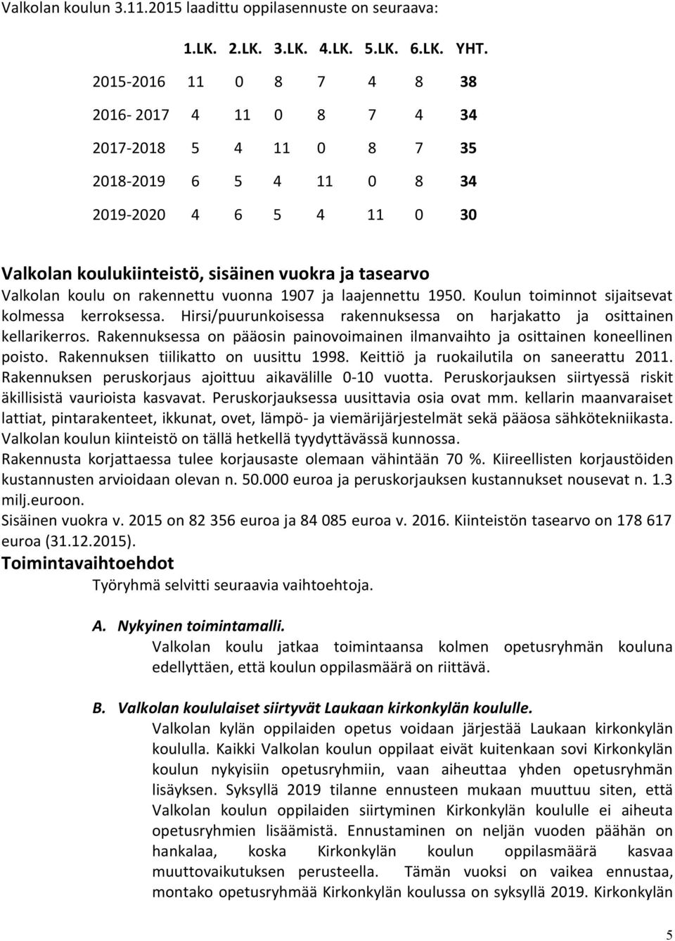 on rakennettu vuonna 1907 ja laajennettu 1950. Koulun toiminnot sijaitsevat kolmessa kerroksessa. Hirsi/puurunkoisessa rakennuksessa on harjakatto ja osittainen kellarikerros.