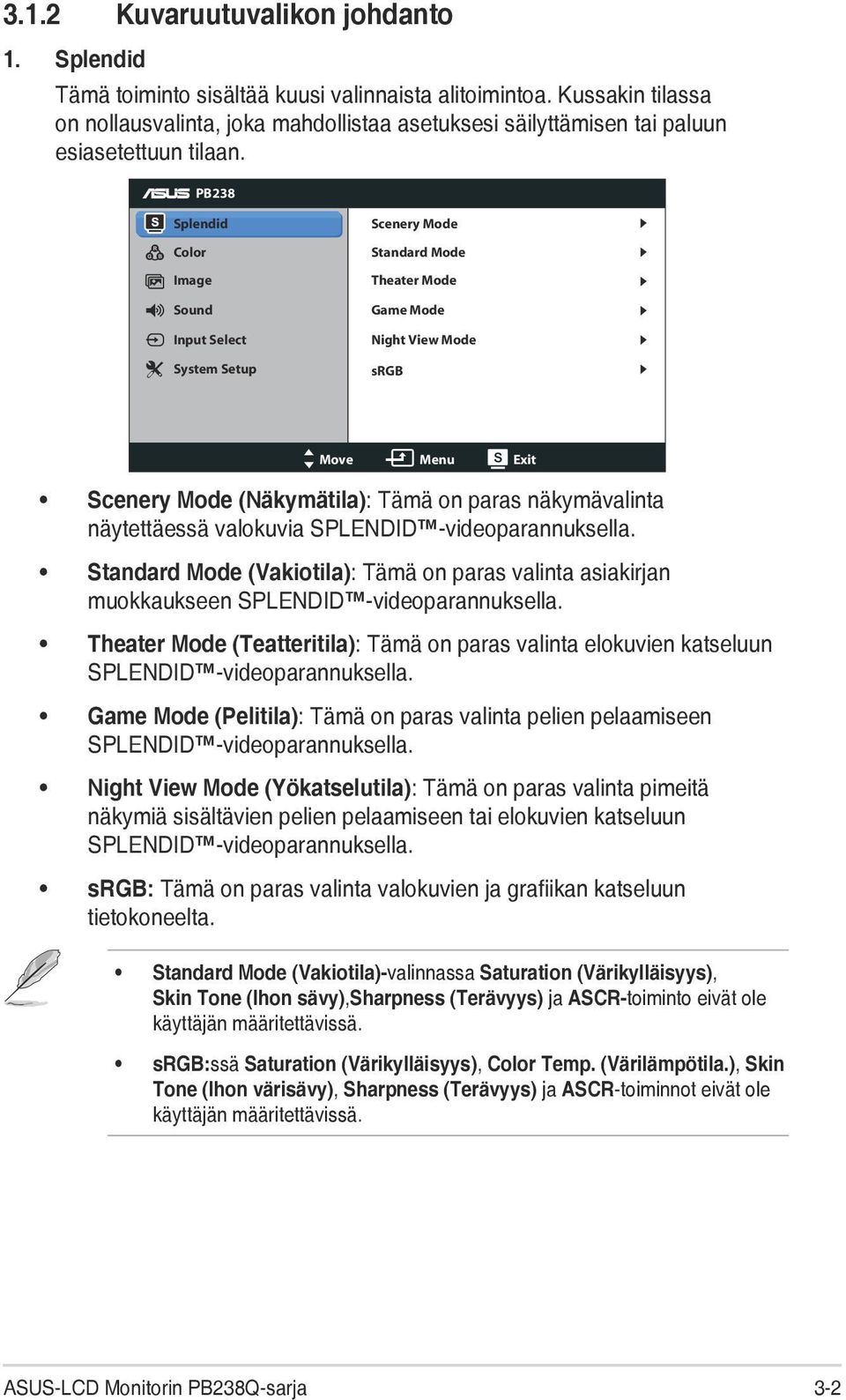 PB238 Splendid Color Image Sound Input Select System Setup Scenery Mode Standard Mode Theater Mode Game Mode Night View Mode srgb Move Menu Exit Scenery Mode (Näkymätila): Tämä on paras näkymävalinta