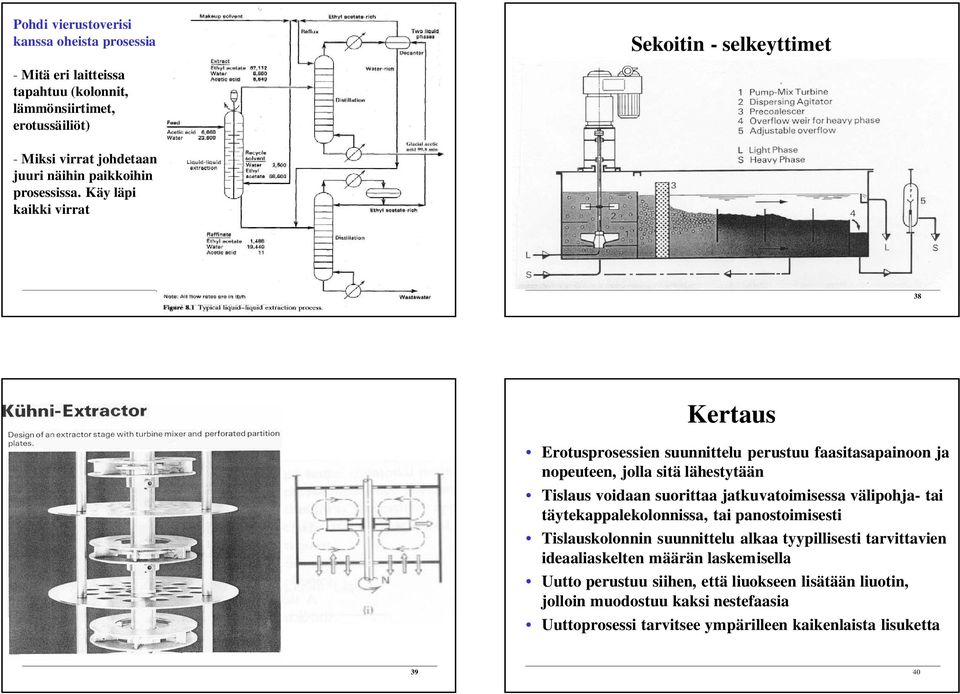 Kä läpi kaikki virrat Uuttolaitteet KE- 4-300 KeLa IIa 37 38 Kertaus Erotusprosessie suuittelu perustuu faasitasapaioo ja opeutee, jolla sitä lähesttää Tislaus voidaa