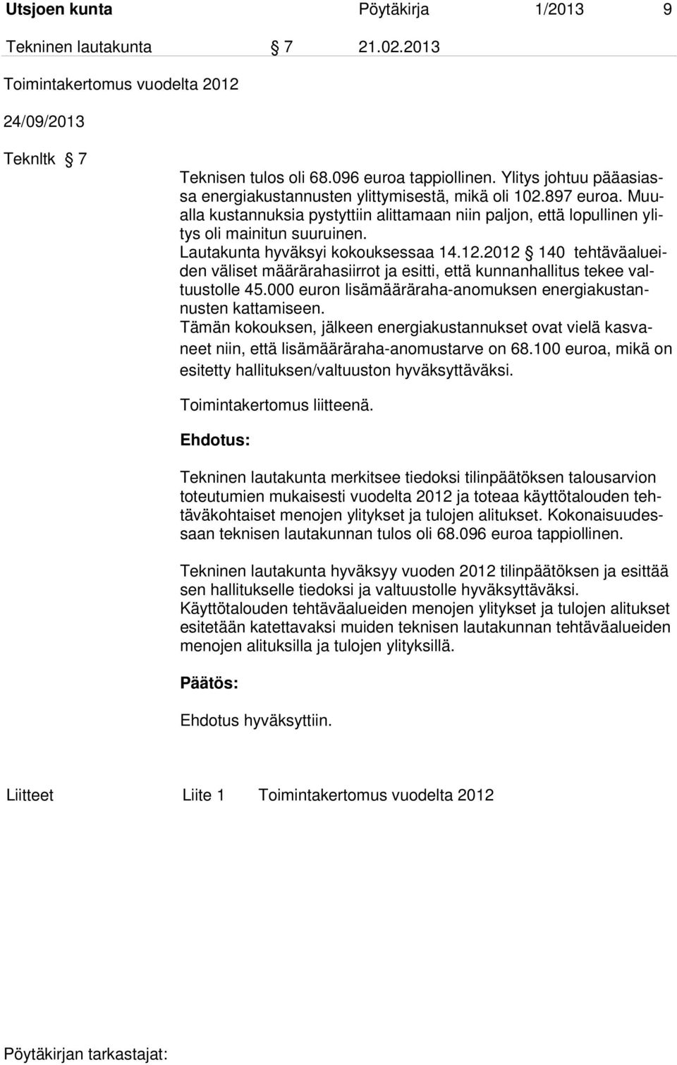 Lautakunta hyväksyi kokouksessaa 14.12.2012 140 tehtäväalueiden väliset määrärahasiirrot ja esitti, että kunnanhallitus tekee valtuustolle 45.