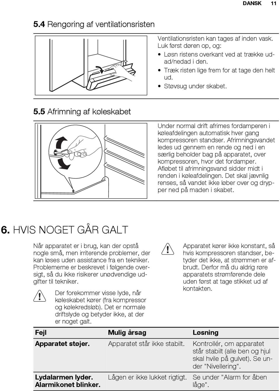 Afrimningsvandet ledes ud gennem en rende og ned i en særlig beholder bag på apparatet, over kompressoren, hvor det fordamper. Afløbet til afrimningsvand sidder midt i renden i køleafdelingen.