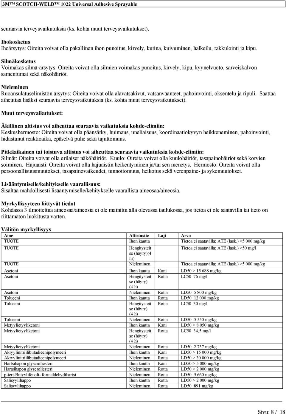 Silmäkosketus Voimakas silmä-ärsytys: Oireita voivat olla silmie voimakas puoitus, kirvely, kipu, kyyelvuoto, sarveiskalvo sametumat sekä äköhäiriöt.