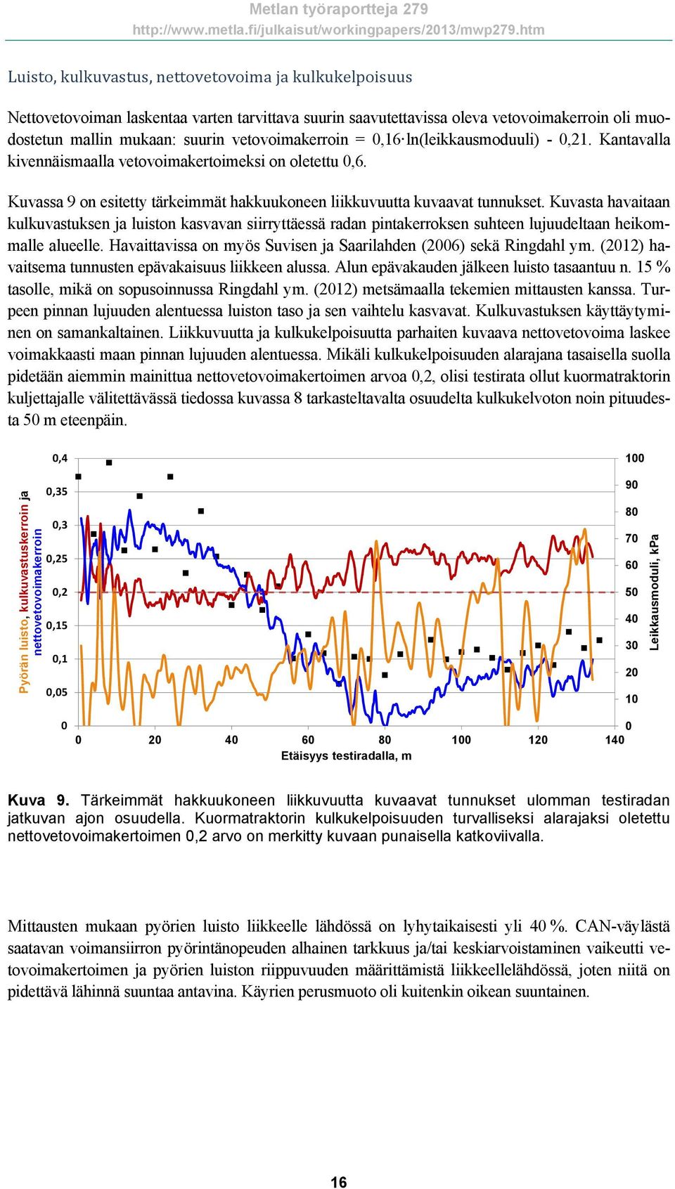 Kuvasta havaitaan kulkuvastuksen ja luiston kasvavan siirryttäessä radan pintakerroksen suhteen lujuudeltaan heikommalle alueelle. Havaittavissa on myös Suvisen ja Saarilahden (2006) sekä Ringdahl ym.