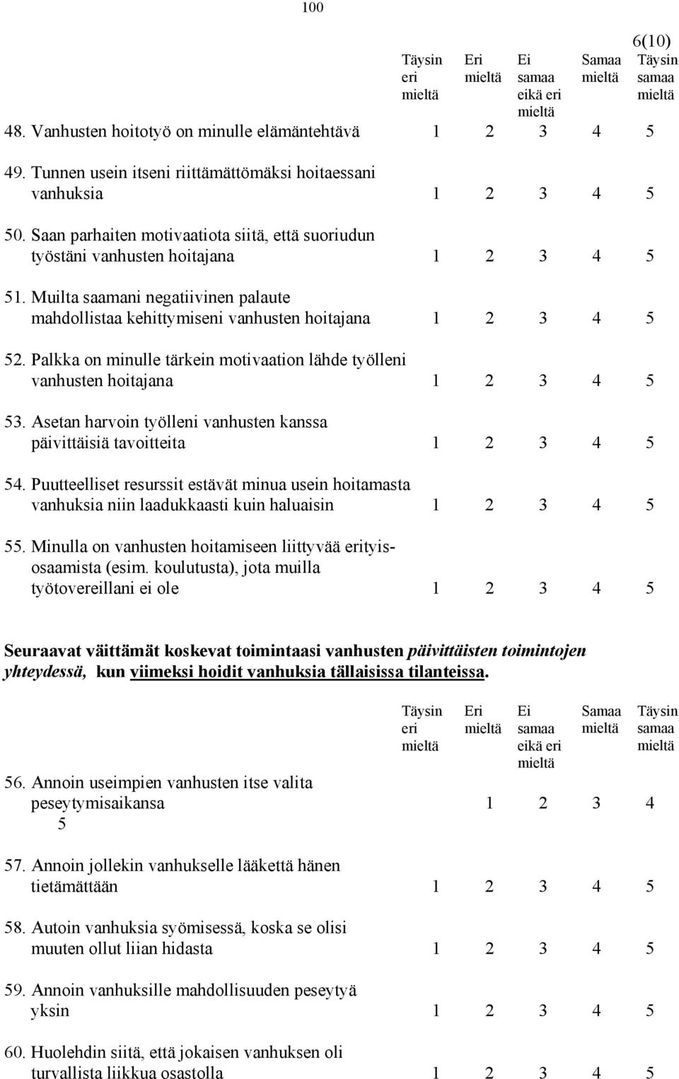 Palkka on minulle tärkein motivaation lähde työlleni vanhusten hoitajana 1 2 3 4 5 53. Asetan harvoin työlleni vanhusten kanssa päivittäisiä tavoitteita 1 2 3 4 5 54.