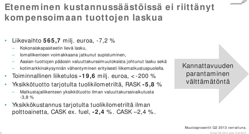 kotimarkkinakysynnän vähentyminen erityisesti liikematkustuspuolella. Toiminnallinen liiketulos -19,6 milj.