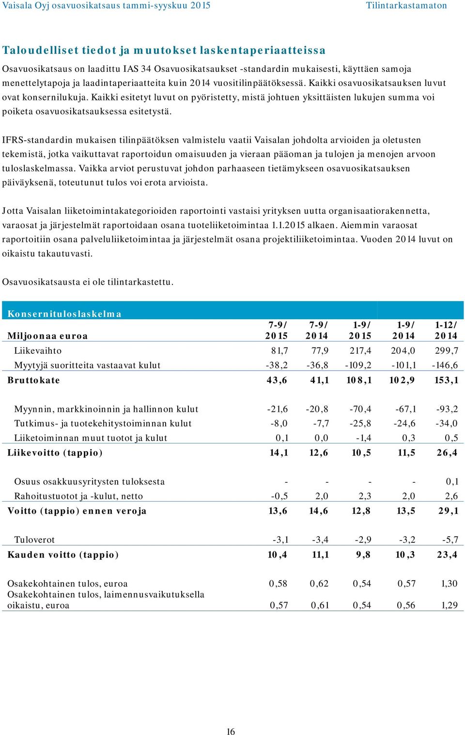 IFRS-standardin mukaisen tilinpäätöksen valmistelu vaatii Vaisalan johdolta arvioiden ja oletusten tekemistä, jotka vaikuttavat raportoidun omaisuuden ja vieraan pääoman ja tulojen ja menojen arvoon