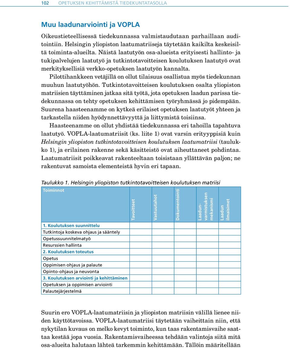 Näistä laatutyön osa-alueista erityisesti hallinto- ja tukipalvelujen laatutyö ja tutkintotavoitteisen koulutuksen laatutyö ovat merkityksellisiä verkko-opetuksen laatutyön kannalta.
