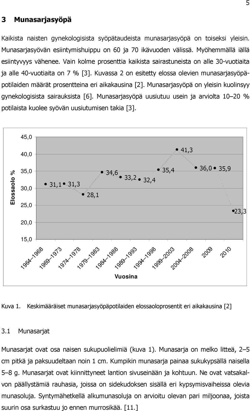 Kuvassa 2 on esitetty elossa olevien munasarjasyöpäpotilaiden määrät prosentteina eri aikakausina [2]. Munasarjasyöpä on yleisin kuolinsyy gynekologisista sairauksista [6].