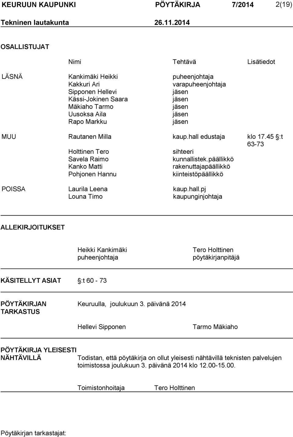 Rapo Markku jäsen MUU Rautanen Milla kaup.hall edustaja klo 17.45 :t 63-73 Holttinen Tero sihteeri Savela Raimo kunnallistek.