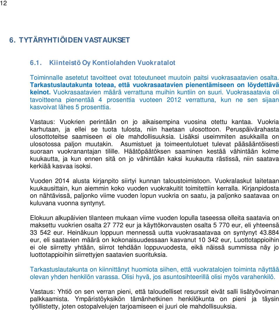 Vuokrasaatavia oli tavoitteena pienentää 4 prosenttia vuoteen 2012 verrattuna, kun ne sen sijaan kasvoivat lähes 5 prosenttia. Vastaus: Vuokrien perintään on jo aikaisempina vuosina otettu kantaa.