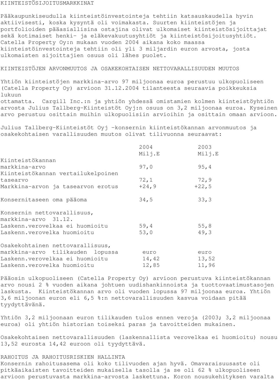 Catella Property Oy:n mukaan vuoden 2004 aikana koko maassa kiinteistöinvestointeja tehtiin oli yli 3 miljardin euron arvosta, josta ulkomaisten sijoittajien osuus oli lähes puolet.