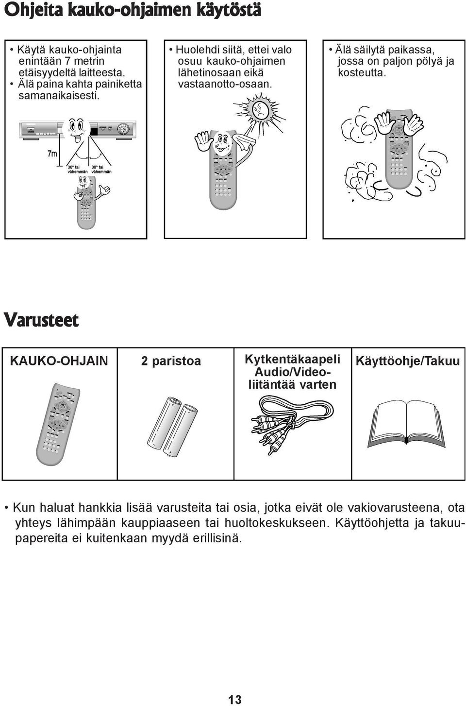 Varusteet KAUKO-OHJAIN 2 paristoa Kytkentäkaapeli Audio/Videoliitäntää varten Käyttöohje/Takuu Kun haluat hankkia lisää varusteita tai osia,