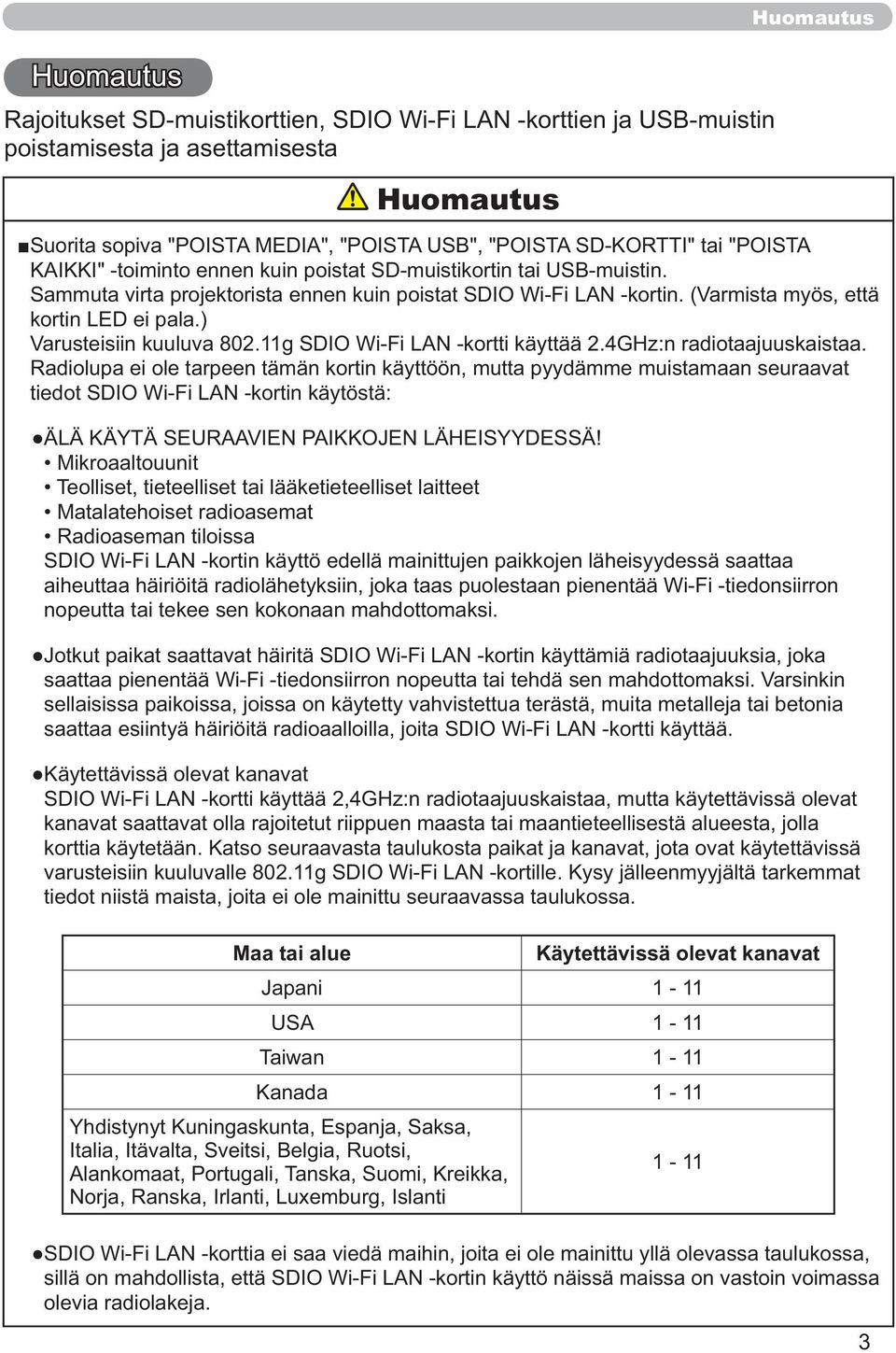 Radiolupa ei ole tarpeen tämän kortin käyttöön, mutta pyydämme muistamaan seuraavat tiedot SDIO Wi-Fi LAN -kortin käytöstä: Mikroaaltouunit Teolliset, tieteelliset tai lääketieteelliset laitteet