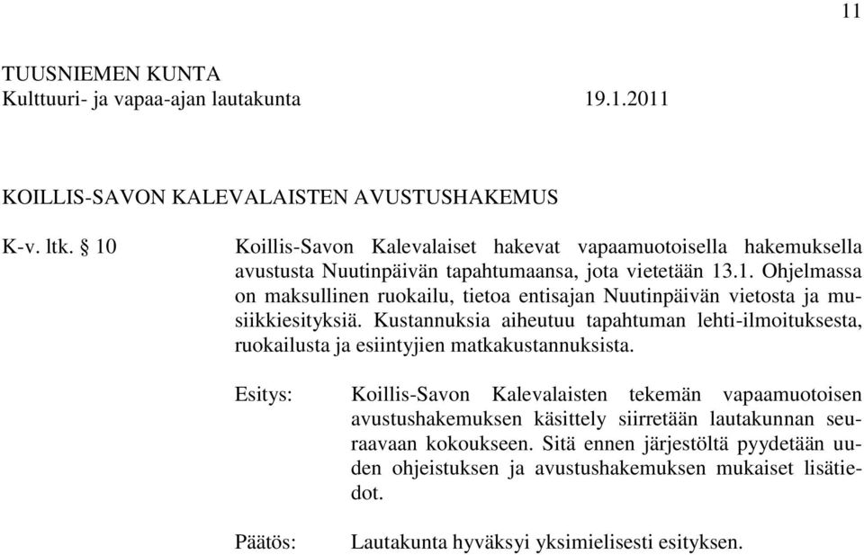 Kustannuksia aiheutuu tapahtuman lehti-ilmoituksesta, ruokailusta ja esiintyjien matkakustannuksista.