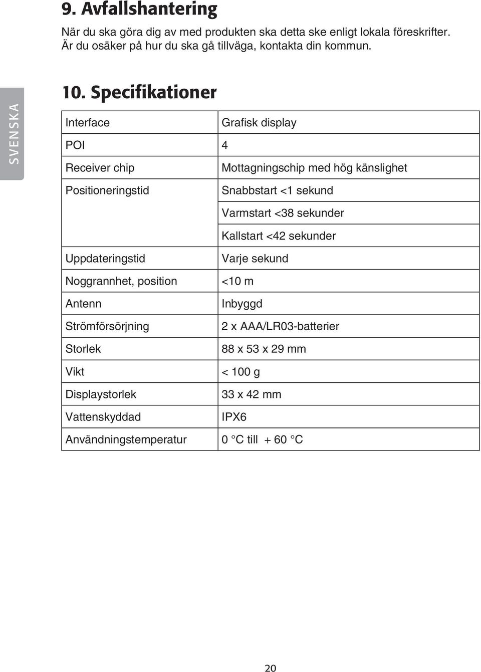 Specifikationer Interface Grafisk display POI 4 Receiver chip Mottagningschip med hög känslighet Positioneringstid Snabbstart <1 sekund Varmstart