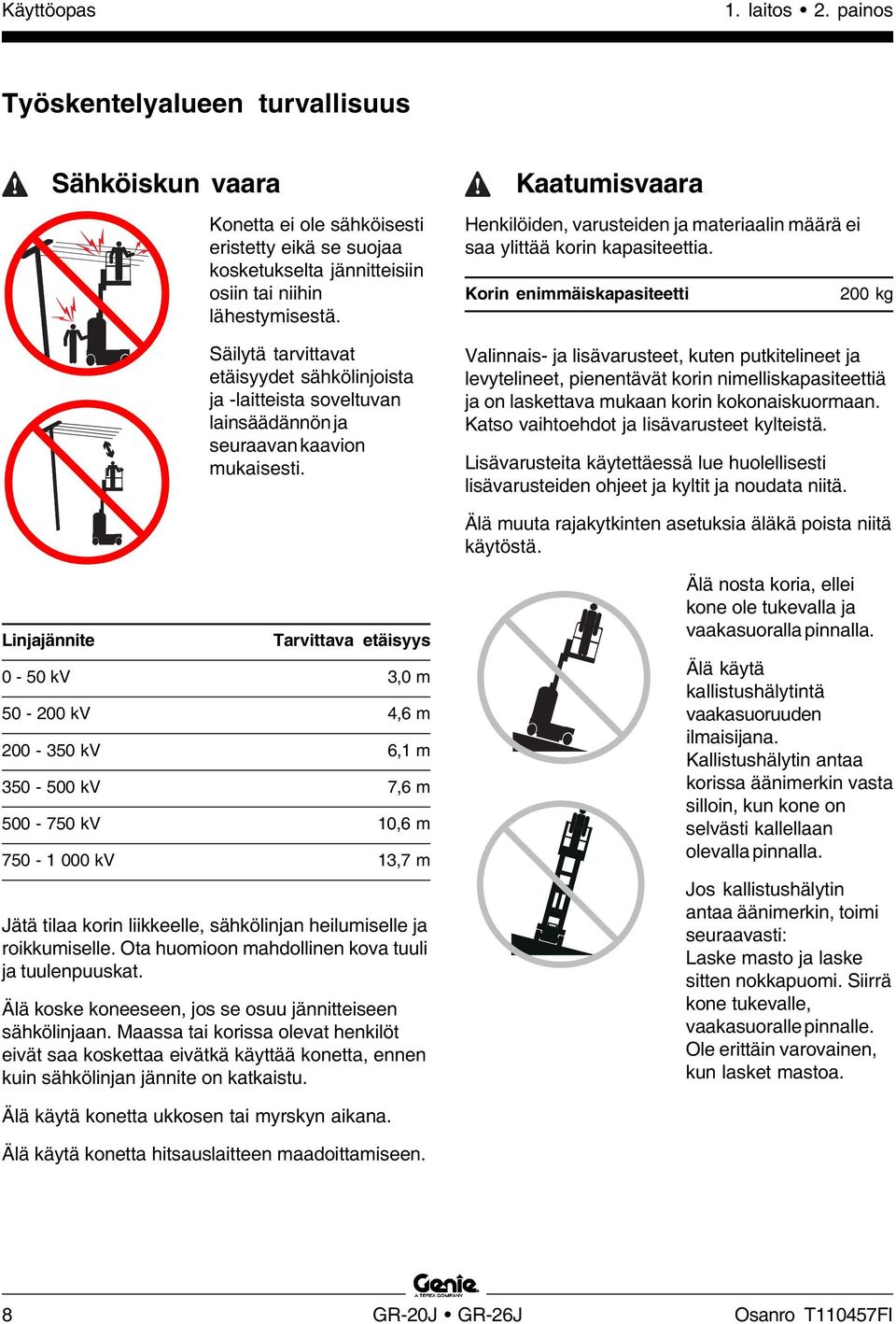 Kaatumisvaara Henkilöiden, varusteiden ja materiaalin määrä ei saa ylittää korin kapasiteettia.