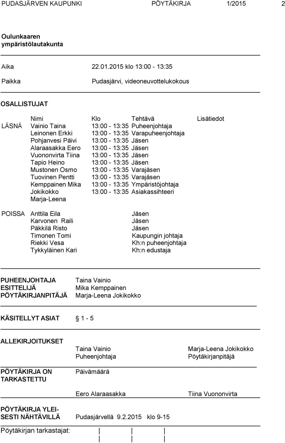 2015 klo 13:00-13:35 Paikka Pudasjärvi, videoneuvottelukokous OSALLISTUJAT Nimi Klo Tehtävä Lisätiedot LÄSNÄ Vainio Taina 13:00-13:35 Puheenjohtaja Leinonen Erkki 13:00-13:35 Varapuheenjohtaja
