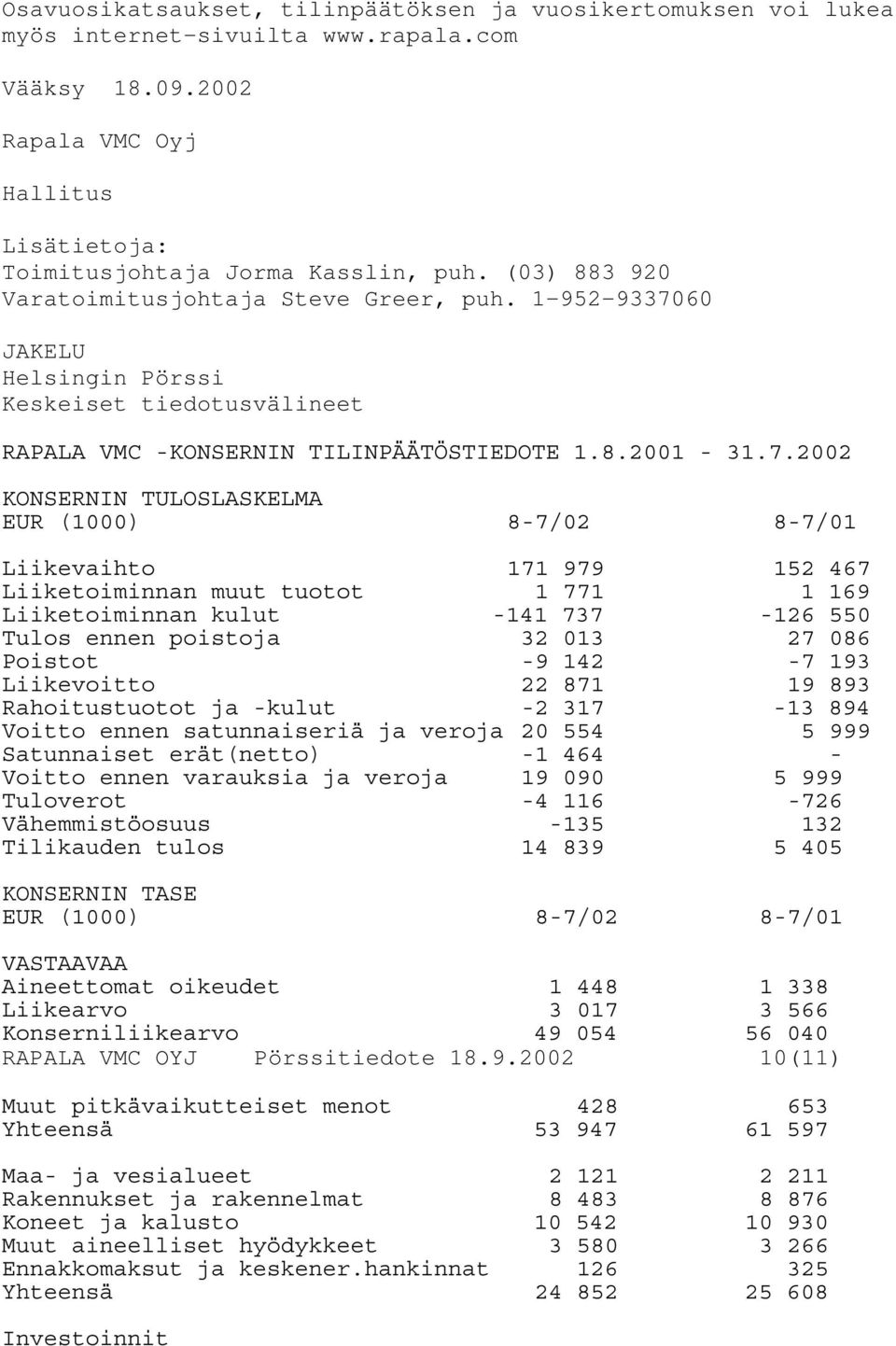 60 JAKELU Helsingin Pörssi Keskeiset tiedotusvälineet RAPALA VMC -KONSERNIN TILINPÄÄTÖSTIEDOTE 1.8.2001-31.7.