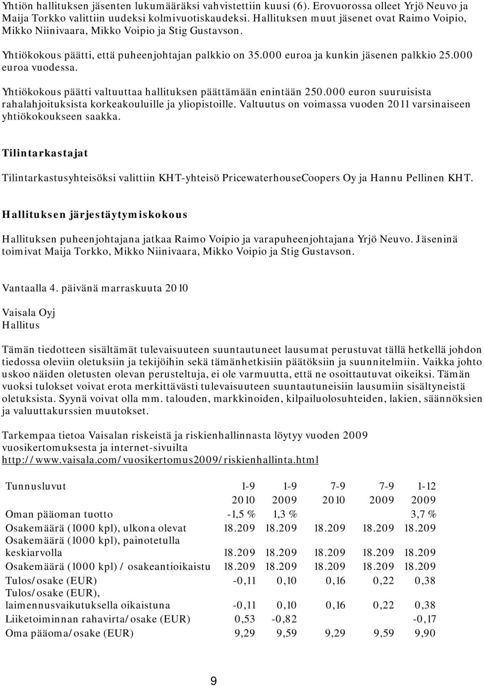 000 euroa vuodessa. Yhtiökokous päätti valtuuttaa hallituksen päättämään enintään 250.000 euron suuruisista rahalahjoituksista korkeakouluille ja yliopistoille.